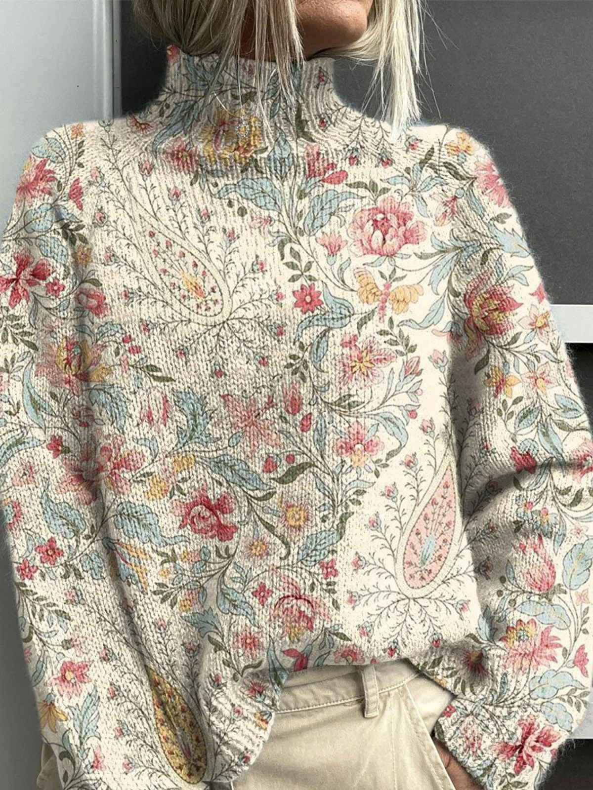 Santina | Stylish Knit Turtleneck with Vintage Paisley Floral Pattern