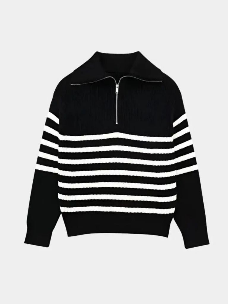 Knitted Sweater with Zipper and Stripes - Alder & Voss