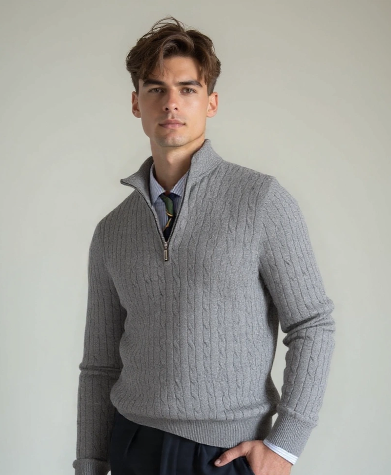Zip-up Sweater with Knitted Pattern - Alder & Voss