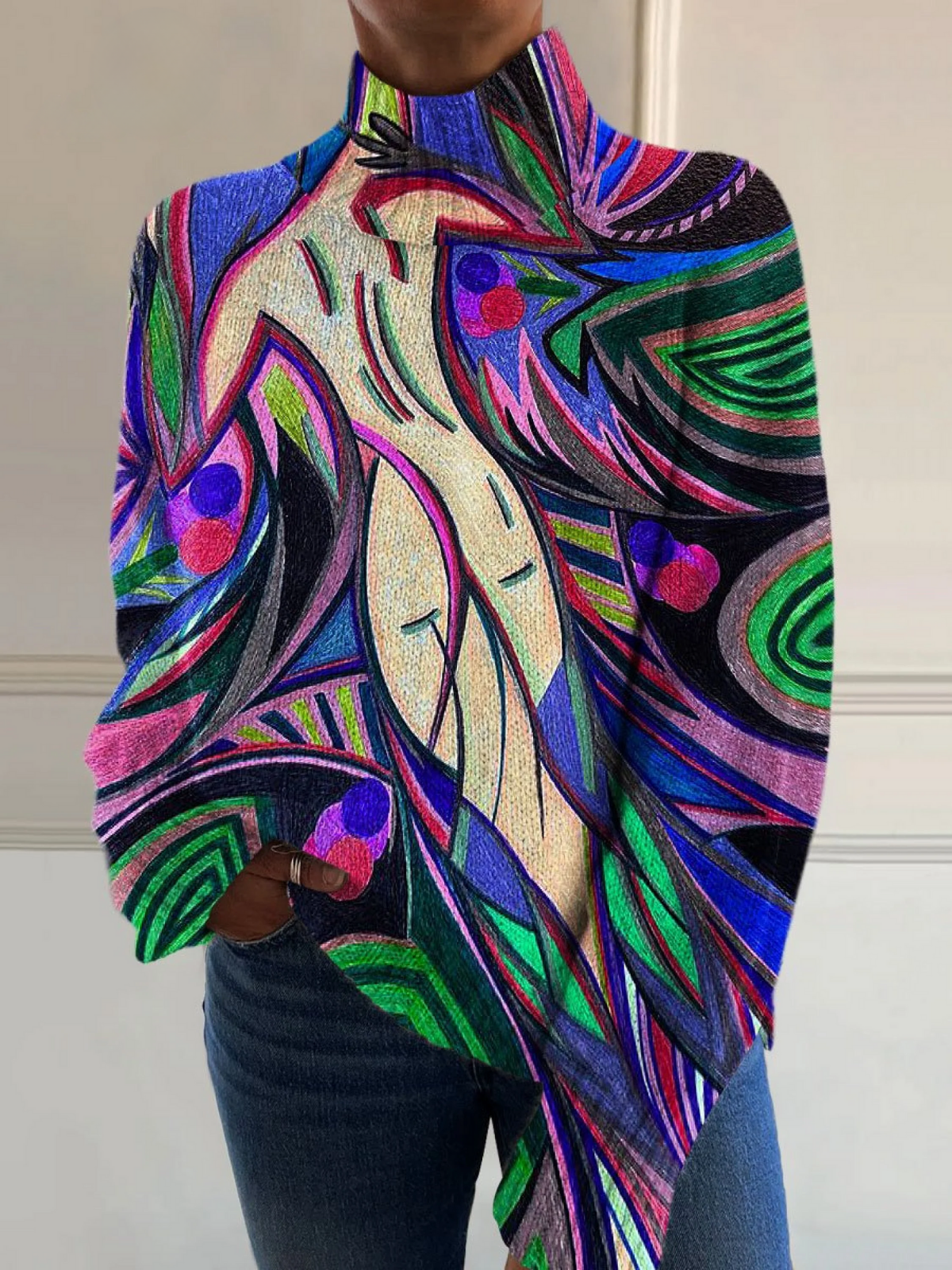 Kat | Stylish Turtleneck Sweater with Abstract White Retro Print
