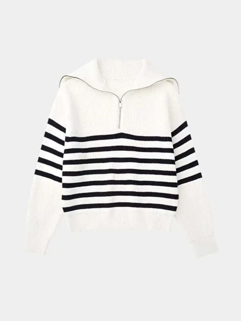 Knitted Sweater with Zipper and Stripes - Alder & Voss