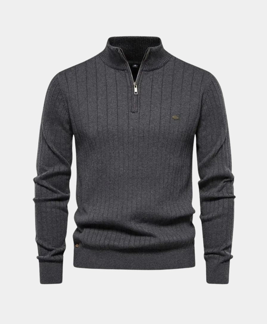 Cotton Pullover with Vertical Stripes and Half-Zip - Alder & Voss