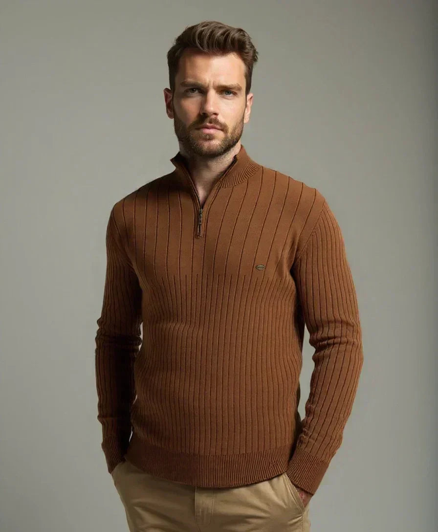 Cotton Pullover with Vertical Stripes and Half-Zip - Alder & Voss
