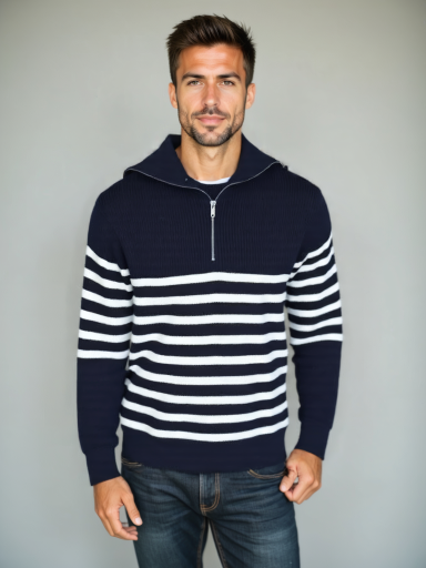 Knitted Sweater with Zipper and Stripes - Alder & Voss